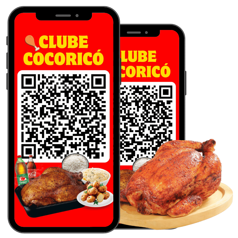 Dois celulares exibindo QR Code do Clube Cocoricó para vantagens exclusivas no Cocoricó Grill