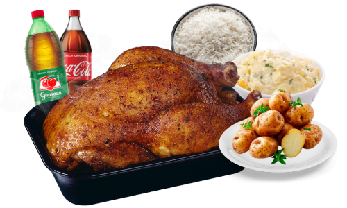 Combo Banquete Cocoricó com frango, batata frita, farofa, maionese, arroz e refrigerante de 1,5L